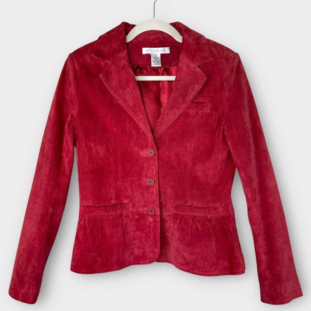 Vintage Red Suede Peplum Blazer S Genuine Leather Semi-fitted Poetcore Y2K Chic